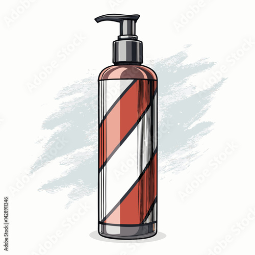 Design a vector illustration of a bold-stroked shampoo bottle with a detailed label, suitable for packaging design.  Include realistic highlights and shadows.