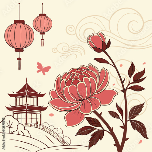 Peony Red Chinese Style Flower Festival New Year