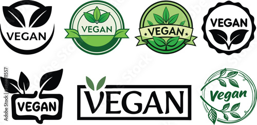 Vegan Logos & Badges Collection – Green Color Schemes, Leaf Motifs, and Plant-Based Designs