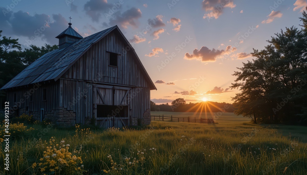 Rustic Barn at Sunset with Golden Light and Vibrant Nature Surroundings
