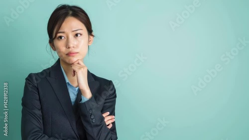 考えている日本人の女性会社員の写真（白背景・会社員・スーツ・OL・疑問・なぜ・不明・案内）	