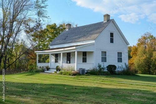 white cape cod house with a side gable roof and a manicured lawn,classic ranch house with wraparound porch and rocking chair on a sunny summer day