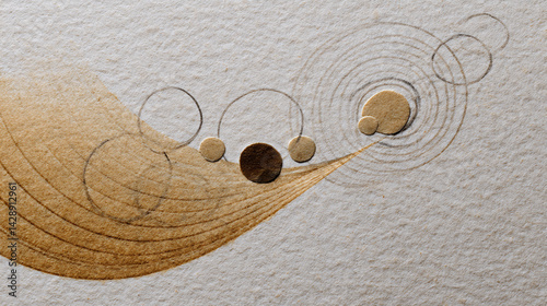 An abstract design featuring flowing golden lines and circular shapes, creating a sense of movement and elegance on a textured background.