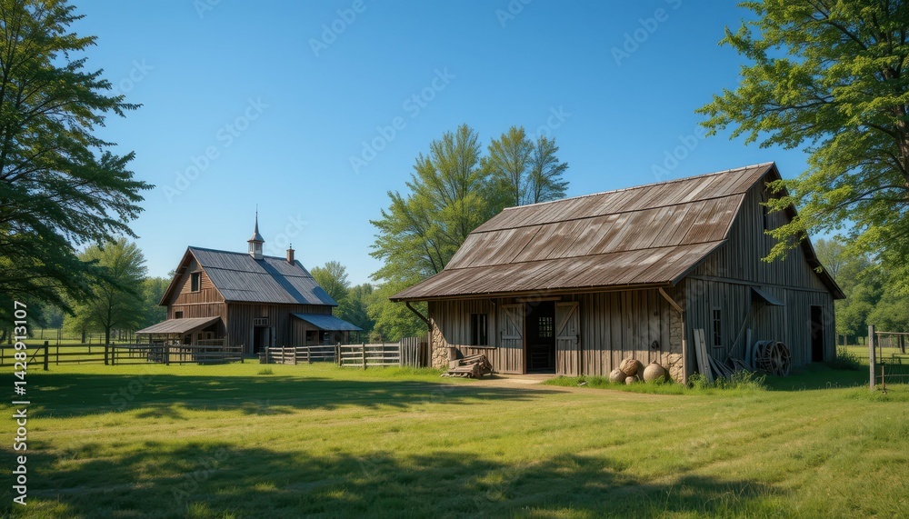 Rustic Farmhouse with Barn and Lush Green Fields in Daylight Rustic Farmhouse with Barn and Lush Green Fields in Daylight