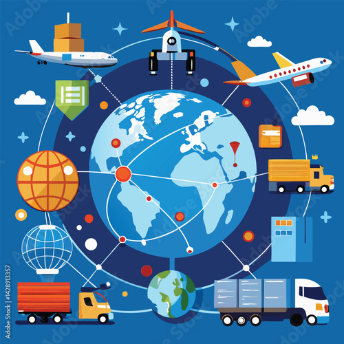 Global logistics, transportation network, world trade, supply chain, shipping containers, cargo plane, 