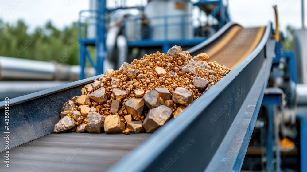 Gold Production Worker Concept, Industrial Conveyor Belt Carrying Raw Gold Ore in Large Processing Facility for Mining Operations