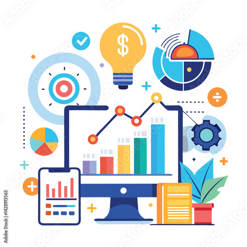 Business analytics, financial growth charts, data visualization, colorful infographics, computer monitor, 