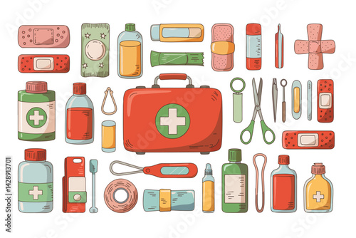 First aid kit contents: bandages, antiseptic, gauze, tape, scissors, tweezers, thermometer, medication bottles, more.