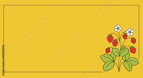 Minimalist frame border design with a strawberry bush, simple and clean style, empty space for text