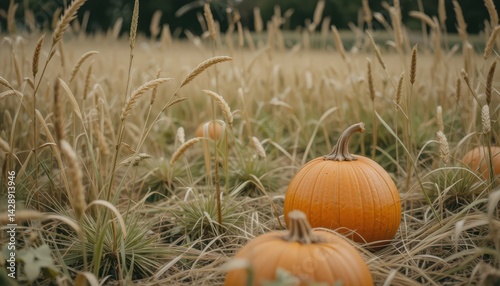 Pumpkins in a Field Surrounded by Wheat Under Soft Natural Light