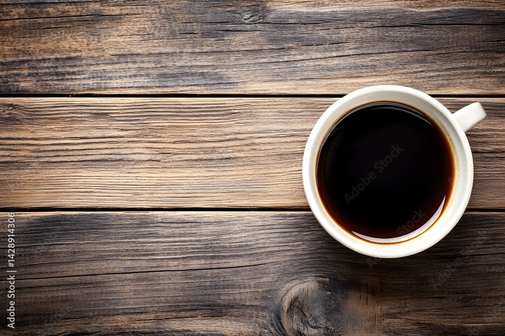 Obraz premium Overhead View of Coffee Cup on Rustic Wooden Table