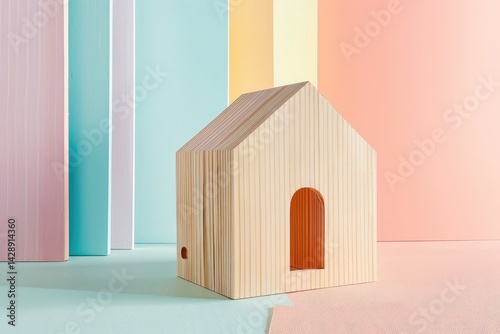 Miniature wooden house on pastel background ,Model of a family house isolated on white background ,A small wooden house sitting on top of a wooden table