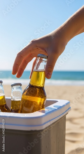 Hand reaching for beer bottle in cooler on sandy beach. Summer refreshment and relaxation concept. Ideal for vacation advertisement or beach party invitation. photo