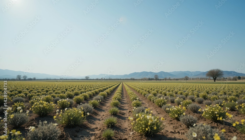 Fototapeta premium Expansive Lavender Fields Under Clear Blue Sky in Rural Landscape