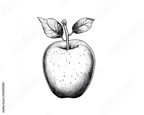 Detailed apple sketch, black and white, representing fresh fruit against a white background.