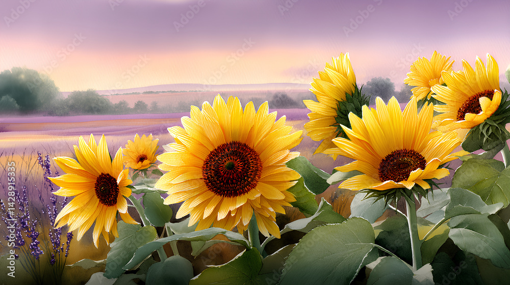 Fototapeta premium Watercolor painting of glowing sunflower field under warm evening sky with golden petals swaying in breeze and soft gradients of orange rose and lavender 