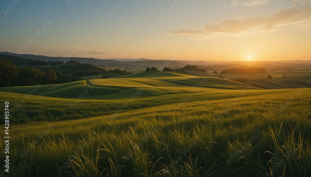Fototapeta premium Serene Sunset Over Rolling Hills and Lush Green Fields