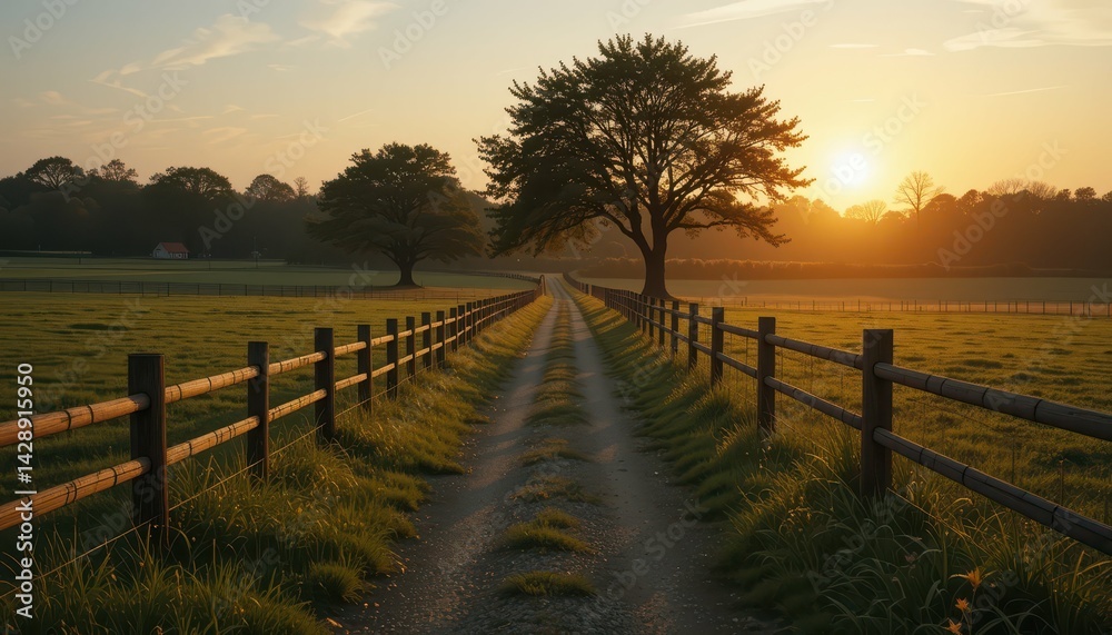 Obraz premium Serene Sunset Pathway with Trees and Fences in Tranquil Landscape