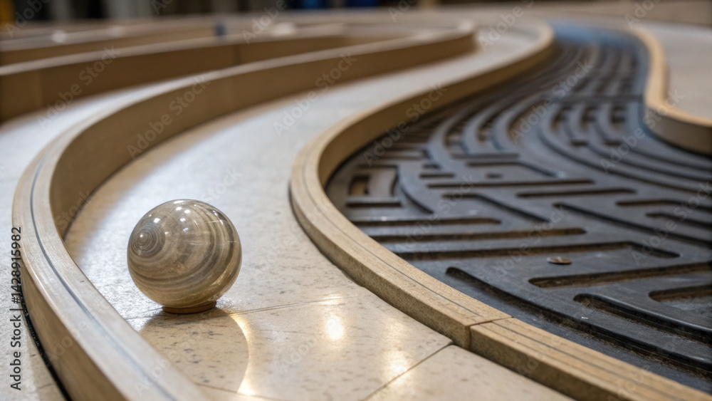 smooth marble rolls through maze like track, showcasing its elegant curves and intricate design. scene captures sense