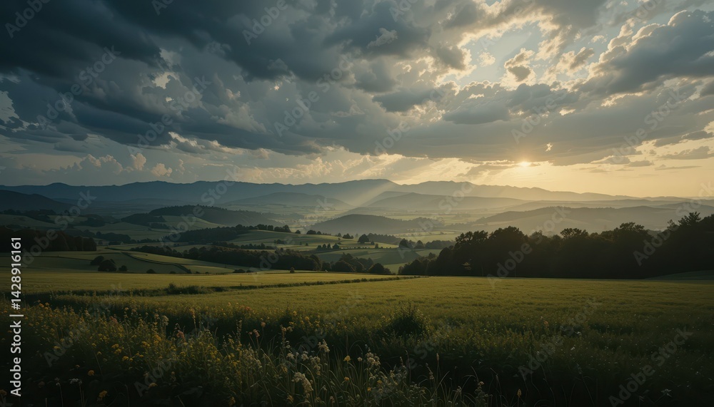 Fototapeta premium Serene Landscape with Dramatic Clouds and Golden Sunlight at Dusk