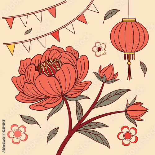 Peony Red Chinese Style Flower Festival New Year