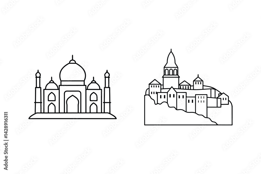 Naklejka premium Minimalist Line Drawing Of Iconic Architectural Landmarks Taj Mahal And Medieval City
