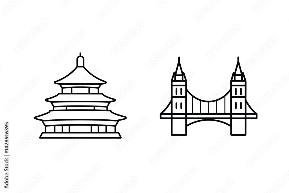 Obraz premium Minimalist Outline Of Chinese Temple And Tower Bridge Monuments Vector Art