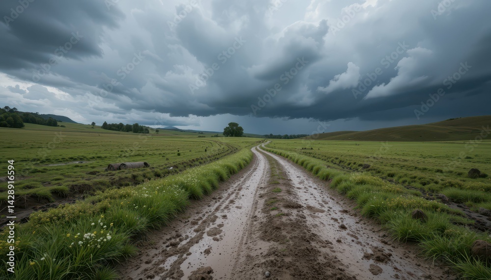 Naklejka premium Dramatic Landscape with Dirt Road and Dark Storm Clouds above