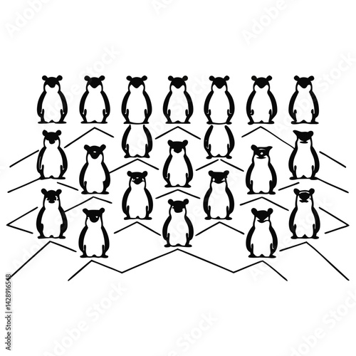 Minimalist abstract pattern of stylized tapirs with geometric mountain landscape silhouette