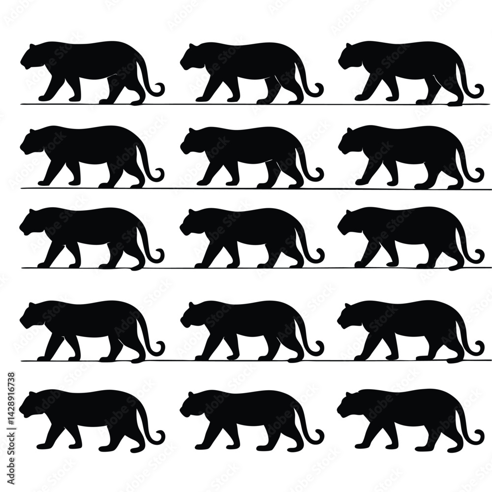 Obraz premium Seamless pattern of walking panther silhouettes black and white wild animal background