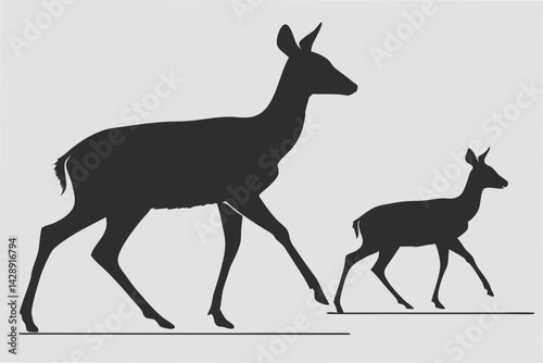 Silhouette vector illustration depicting a doe and fawn walking together