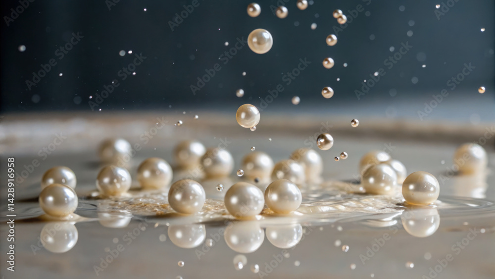 Close up of pearls splashing in liquid, creating mesmerizing scene of elegance and beauty