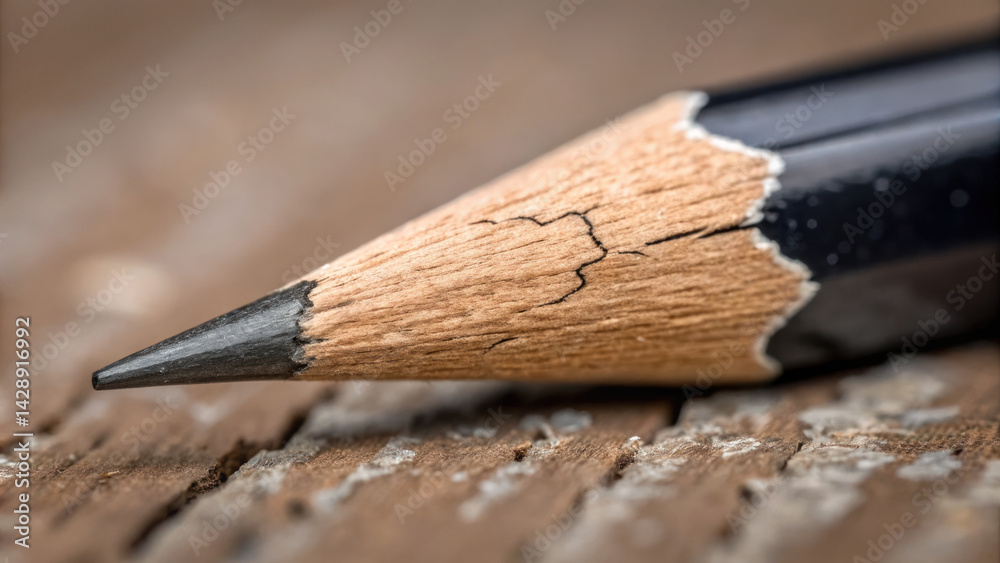 close up view of pencil with broken tip, showcasing cracks and texture on wooden surface, evokes sense of wear and use