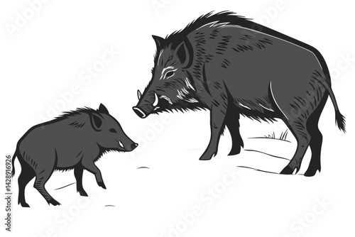 Vector illustration of wild boar and piglet in black and white style