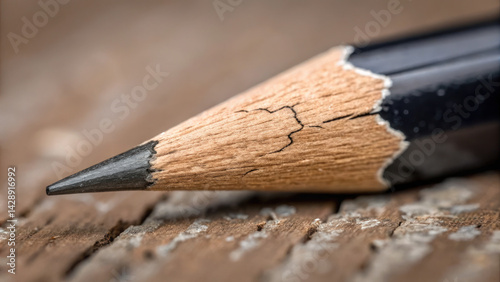 Obraz na płótnie close up view of pencil with broken tip, showcasing cracks and texture on wooden surface, evokes sense of wear and use w salonie