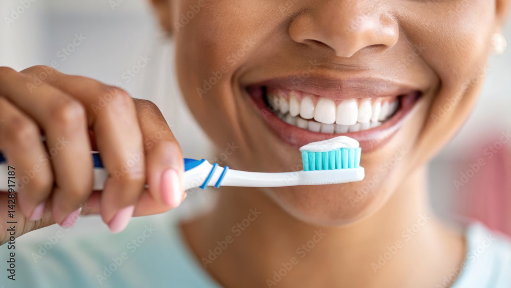 person is smiling while brushing their teeth with toothbrush, showcasing bright and healthy smile. scene conveys sense