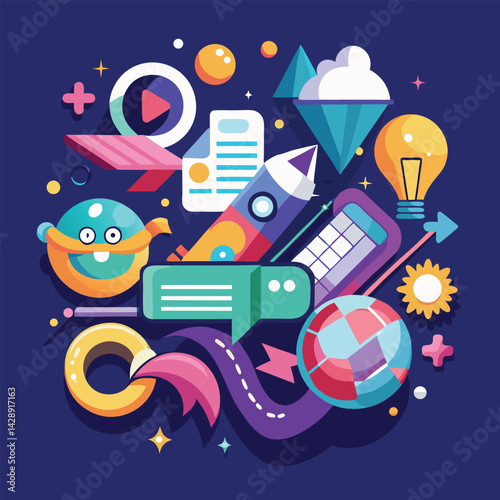 Colorful space exploration illustration, geometric shapes, rocket ship, planets, stars, isometric design, 