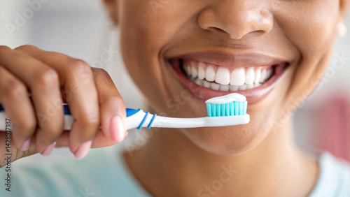 Obraz na płótnie person is smiling while brushing their teeth with toothbrush, showcasing bright and healthy smile. scene conveys sense w salonie
