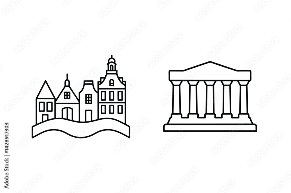 Fototapeta premium City Buildings And Ancient Architecture Vector Line Art Illustration For Design Elements