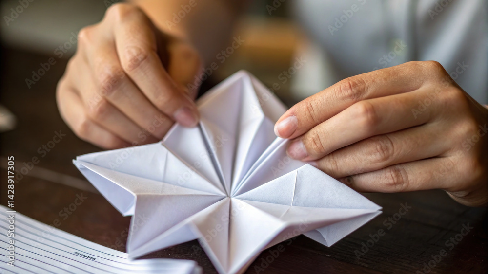 Creating intricate designs with paper can be rewarding experience. This captures close up of hands skillfully folding piece
