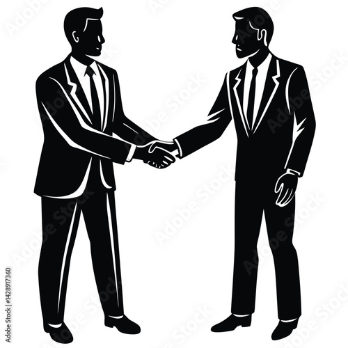 Business deal reached with handshake illustration in black and white graphics