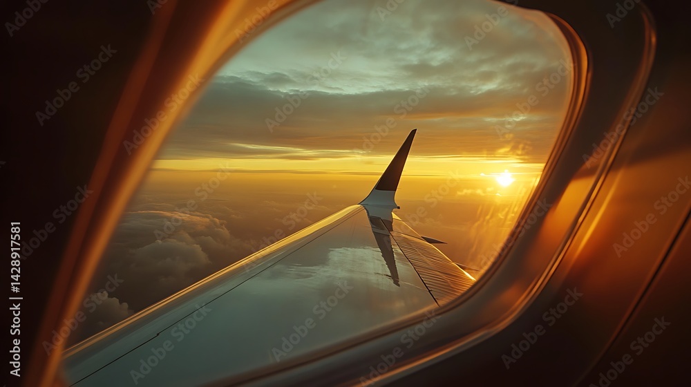 Fototapeta premium Airplane window view at sunset.