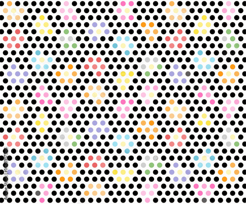 Abstract pattern featuring vibrant pastel-colored dots arranged beneath a uniform overlay of black polka dots on a white background.