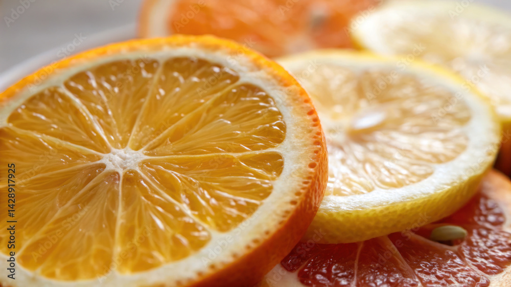 Freshly sliced citrus fruits display vibrant textures and colors, showcasing juicy segments of oranges and lemons