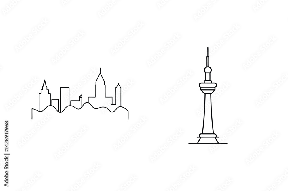 Minimalist Outlines Of Global Cityscapes Featuring Skyscrapers And A Tower Minimalist Outlines Of Global Cityscapes Featuring Skyscrapers And A Tower