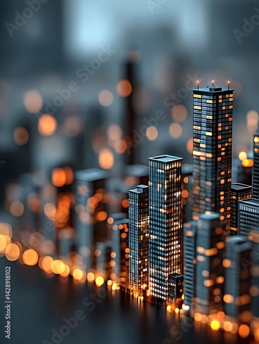 A row of model skyscrapers with illuminated windows in a blurred setting.