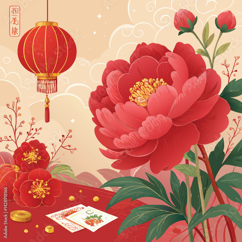 Peony Red Chinese Style Flower Festival New Year