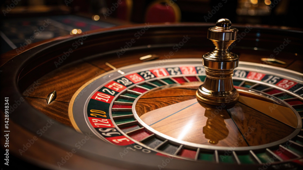 close up of spinning roulette wheel, showcasing intricate details and excitement of game. wooden surface and metallic
