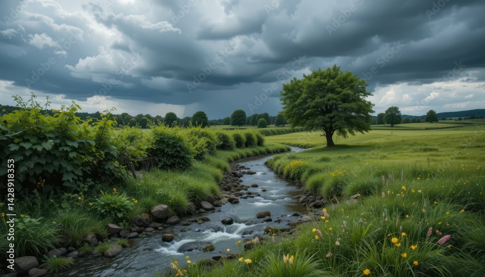 Serene Landscape with Stream Under Dramatic Cloudy Sky Serene Landscape with Stream Under Dramatic Cloudy Sky
