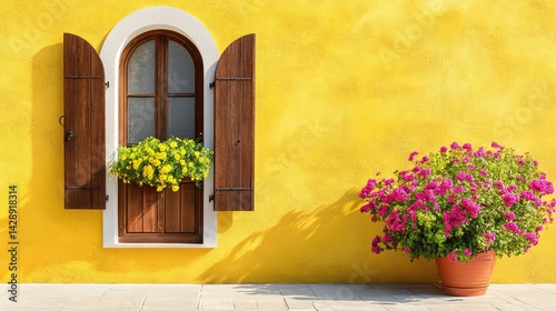 A stylish arched window framed by aged wooden shutters, set on a bold yellow wall in warm daylight